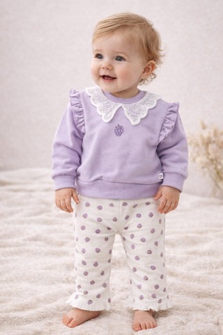 Uğur Bebe %100 Pamuk Mor Dantelli Yaka Çilek Desenli İspanyol Paça Premium Kız Bebek Takım Mor Mor