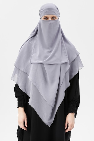 Altobeh Hazır Pratik Şifon Üç Katlı Peçeli Üçgen Hac Umre Şalı Sufle Hijab Nikap Gri