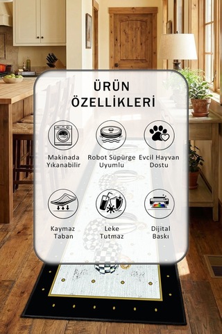Yıkanabilir Mutfak Halısı 4 Siyah - Gold