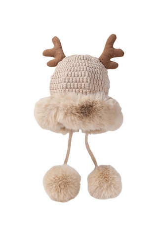 Kadınlar İçin Şık Noel Temalı Örgü Kulaklıklı Bere Renkli Boynuz Detaylı Sıcak Kış Şapkası Bej