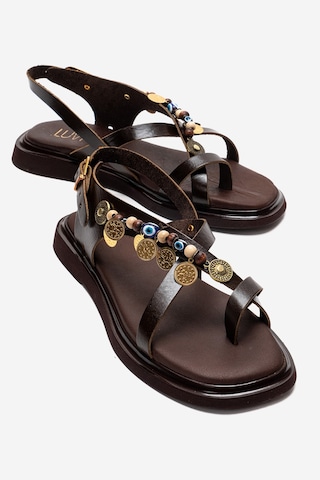Luvishoes Hush Kahverengi Hakiki Deri Boncuklu Kadın Parmak Arası Sandalet