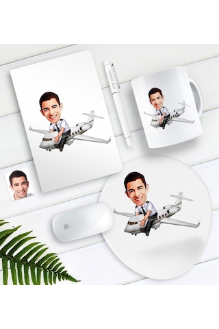 Kişiye Özel Bay Kaptan Pilot Karikatürlü Defter Kalem Kupa Mouse