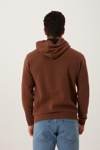 Erkek Kapüşonlu Kanguru Cep 3 İplik Sweatshirt Kahverengi