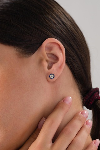 Gümüş 7.5 Mm Nazar Boncuklu Boncuğu Minimal Küçük Yuvarlak Çivili Altın Gold Kaplama Küpe Altın