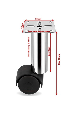 4 Adet 15cm Çap 32mm Metal Gövdeli Plastik Tekerlekli Mobilya Sehpa Ayağı Krom
