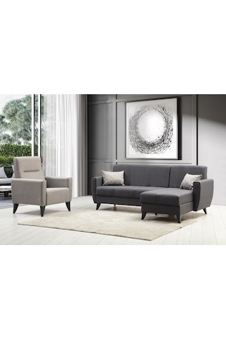 Minarmobilya Zaden Sandıklı Bazalı L Köşe Koltuk Ve Berjer - Koyu Gri
