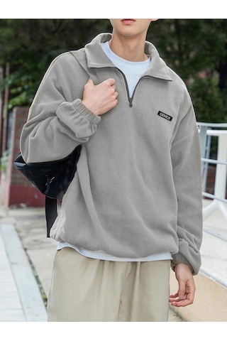 Genıus Store Erkek Polar Oversize Sweatshirt Polar Sweatshirt Gri