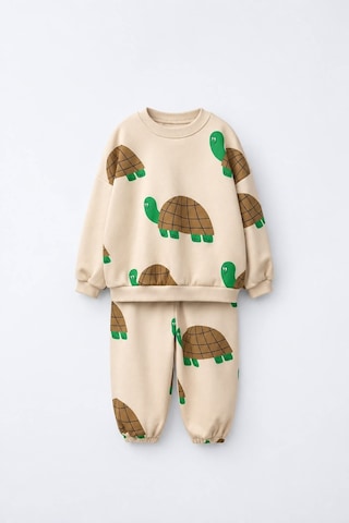Magu Çocuk Oversize Kaplumbağa Desenli Bej Sweatshirt Ve Eşofman Altı Takımı Çok Renkli