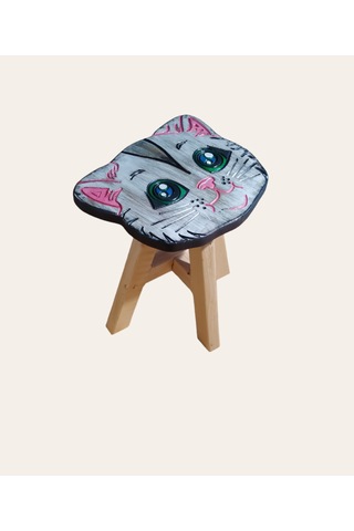 Sevimli Kedim Tamamı Ahşap El Yapımı Çocuk Taburesi