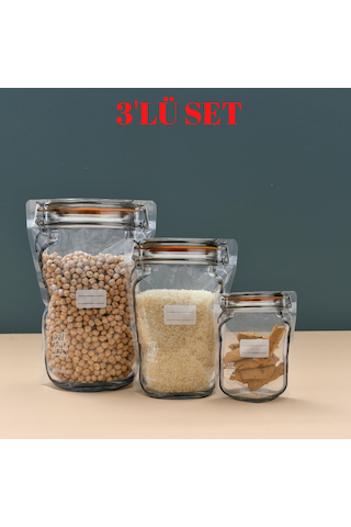Klips Desenli Kavanoz Görünümlü Kilitli Doypack Saklama Poşeti 3 Adet 1 Büyük 1000ml 1 Orta 700ml 1 Küçük 200ml Şeffaf