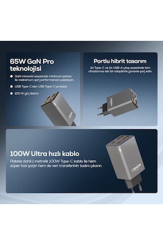 Hızlı Şarj Adaptörü 65w Gan + Type-c Kablo 100w Pd 4 Port, Apple iPhone & Samsung Uyumlu X6425