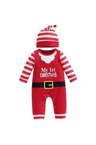 Yenidoğan Bebek Bebek Noel Noel Baba Kostüm Giyim Şerit Mektup Baskı Yuvarlak Boyun Uzun Kollu Romper Tulum Kırmızı