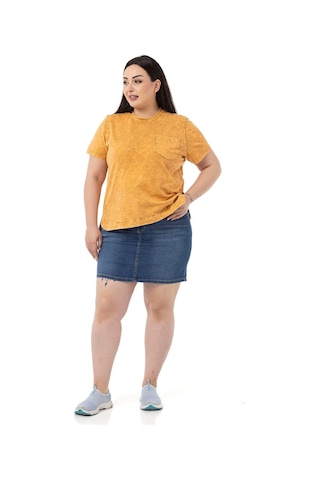 Disentis Büyük Beden Parça Boyalı Bisiklet Yaka Kavisli Yırtmaçlı Hardal T-shirt-hardal Hardal