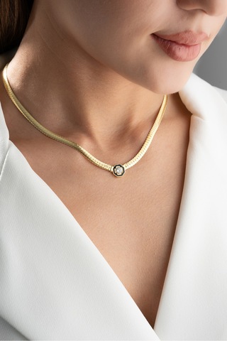 Çekirdekjewelry 925 Ayar Gümüş Şık Zincir Kolye Balık Sırtı Model Zirkon Taşlı Sarı