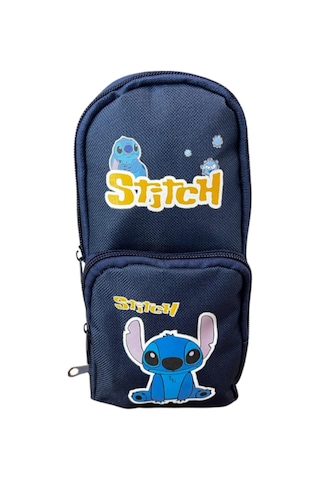 Stitch Baskılı Kalem Çantası Lacivert Geniş Hazneli Çok Bölmeli Kalem Kutu Lacivert