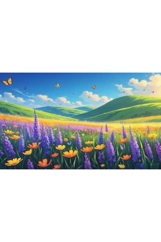 Kelebekler Yabani Çiçekler İçinde Bahar Havası 04 Çerçevesiz 50x30 Cm Pvc Tablo