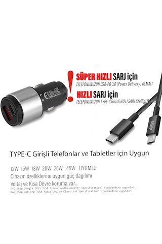 45w Hızlı Araç Şarj Aleti Type C Telefonlar İçin 45w Hızlı Araba