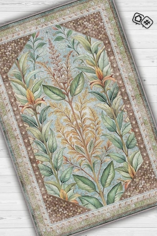 Homshtag Art Deco Ada Çayı Bitki Temalı Soft Yeşil Renkli Etnik Desenli Dijital Baskılı Çiçekli Halı Çok Renkli