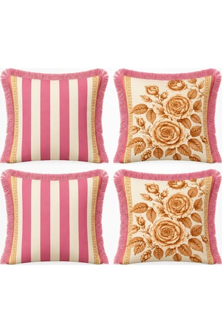Vintage Gül Desenli Pembe Çizgili 4'lü Saçaklı Kırlent Kılıfı Kom 45 x 45