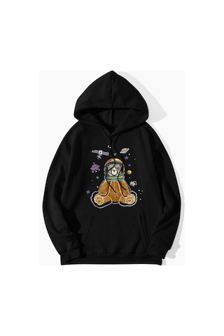 Altamira Unisex Siyah Astronot Ayı Baskılı Oversize Kapşonlu Sweatshirt 001