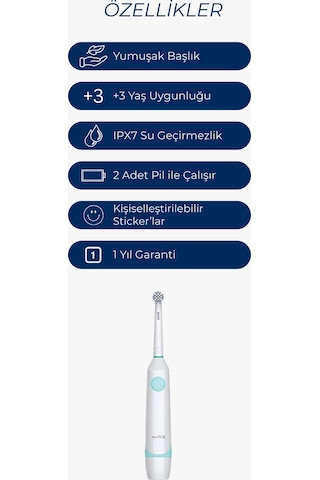 Çocuk Pilli Diş Fırçası Sticker Setli, Yumuşak Uçlu, Ipx7 Su Geçirmez