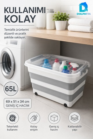 65 Lt Tekerlekli Katlanabilir Saklama Kabı Kapaklı Ev Kiler Erzak Ve Düzenleme Kutusu Beyaz - Gri
