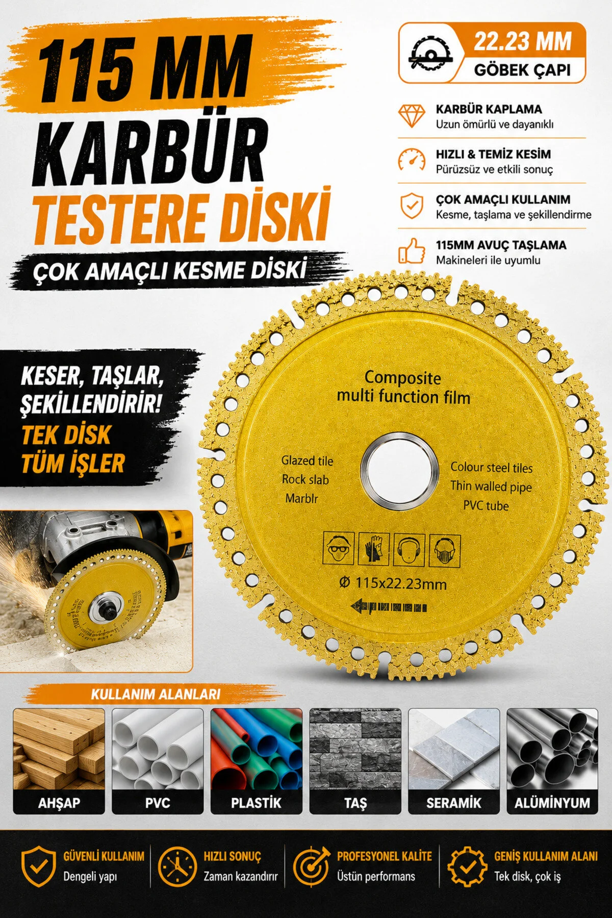 115 Mm Karbür Elmas Çok Amaçlı Senbang Kesme Diski 22.23 Mm Spiral Taşlama Makinesi Uyumlu Ahşap Pvc Plastik Seramik Mermer Taş Alüminyum