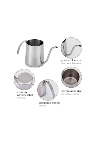 Xiyyadms 350ml Gümüş Renkli 304 Paslanmaz Çelik Kahve Çay Dolu, Hassas Su Akışı Kontrolü, Ergonomik Kollü, Temizliği Kolay Gümüş