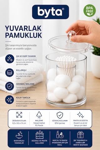 Kapaklı Şeffaf Yuvarlak Pamukluk Banyo Ve Makyaj Organizeri Şeffaf