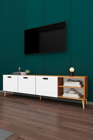 Asra Trend Tv Ünitesi T-20 %100 MDF 200 cm Büyük Boy Tv Sehpası Dolaplı Raflı Petra-Beyaz
