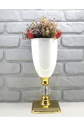 Modern Dekoratif Kristal Taşlı Gold Kare Ayaklı Taşlı Beyaz Vazo Altın - Beyaz