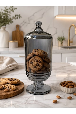 Chacha Home Halkalı Cam Kapaklı Ayaklı Drajellik & Şekerlik 780 Ml - 24 Cm Füme
