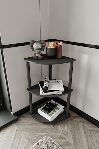 3 Katlı Dekoratif Köşe Kitaplık Siyah Siyah