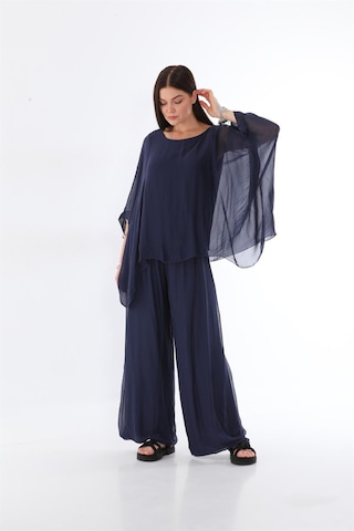 Bohem Stil İtalyan Yarasa Kol İpek Bluz & Pantolon Takım-8767 Lacivert