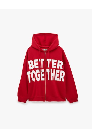 Koton Üç İplik Şardonlu Uzun Kollu Kapüşonlu Baskılı Fermuarlı Sweatshirt Kırmızı 7wal90005ık