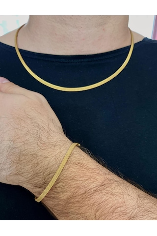 Gold Renk İtalyan Hasır Model 319l Çelik Erkek Kolye&bileklik Set