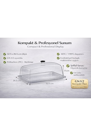 Polikarbon Gn 1/2 Fanus Kapaklı Servis Tepsisi 32.5x26.5 Cm Şeffaf Sunum Endüstriyel Kullanım
