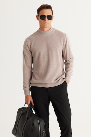 Ac&Co / Altınyıldız Classics Erkek Vizon Standart Fit Normal Kesim Yarım Balıkçı Yaka Pamuklu Triko 4A4921100008VIZS Vizon