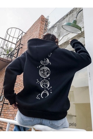 Altamira Unisex Siyah Galaksi Baskılı Oversize Kapşonlu Sweatshirt 001