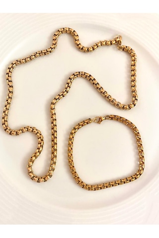 Kalın Zincir Çelik Kararmaz Paslanmaz Gold Kolye Ve Bileklik Set Altın