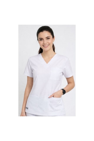Tek Üst Beyaz Unisex Doktor Ve Hemşire Forması Scrubs Likralı Yarasa Kol