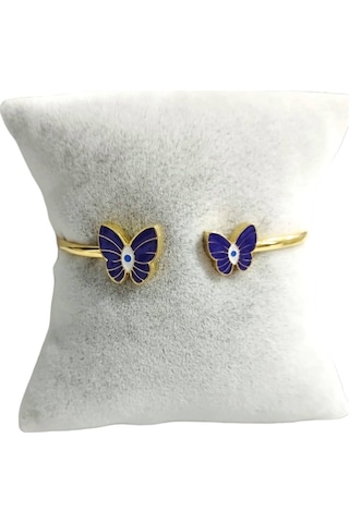 Çelik Mor Kelebek Detaylı Altın Renkli Kararmaz Kadın Bilezik Bileklik Çelik