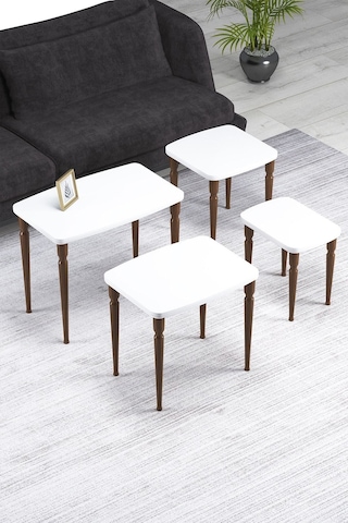 Imaj Mdf Ve Lake Boya, Beyaz 4lü Zigon Sehpa Takımı, Ceviz Gürgen Ayaklar Beyaz