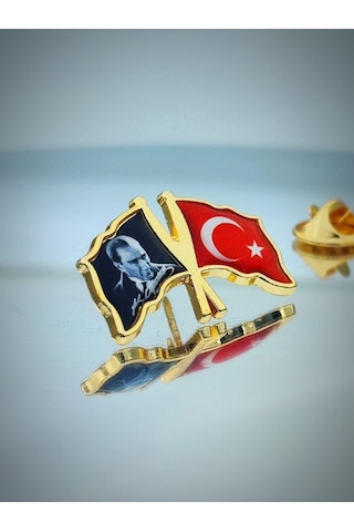 Yörük Tasarım Türk Bayrağı & Atatürk Altın Kaplama Mineli Döküm Yaka Rozeti
