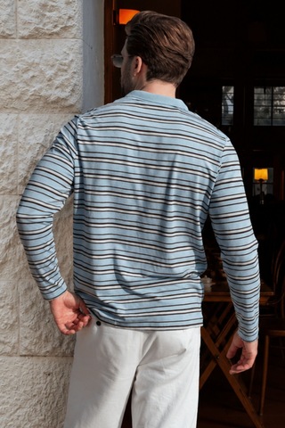 Madmext Mavi Regular Fit Çizgili Polo Yaka Erkek Tişört E7192