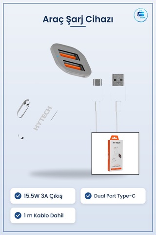 Type-c Araç Şarj Cihazı Çakmaklık Dual Port 15.5w 3a Hızlı Kablol