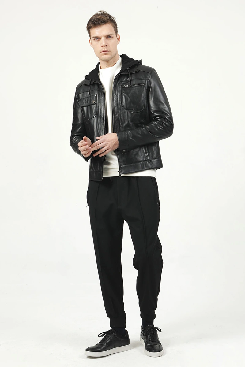 Dericlub Torino Kapüşonlu Hakiki Deri Erkek Mont Siyah