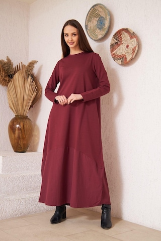 Darlin Moda Bordo Uzun Kollu Eteği Poplin Detaylı Maxi Boy Elbise DM4640