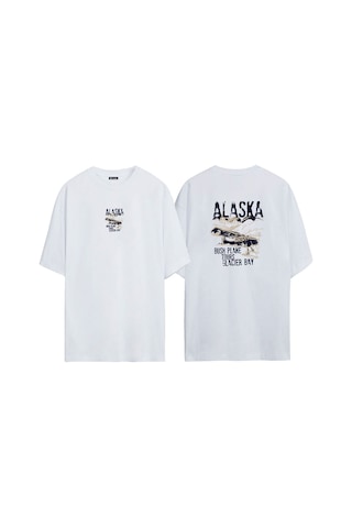 Thewert Unisex Alaska Uçak Ön Arka Baskılı Beyaz Oversize T-shirt