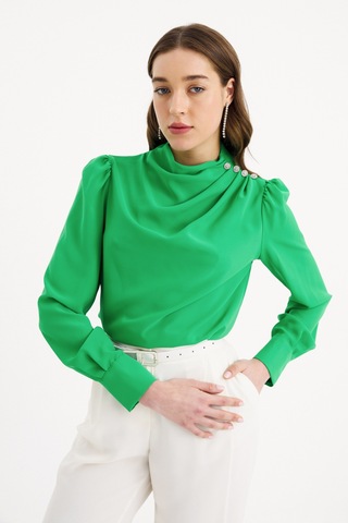Sateen Düğmeleri Taş Detaylı Bluz - Yeşil